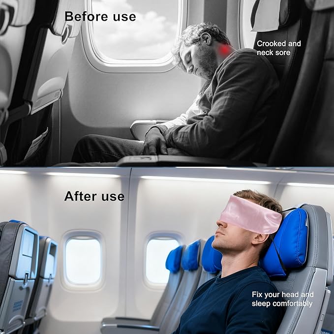 Travel Pillows for Airplanes, Airplane Head Strap with Silk Eye Mask for Sleeping, Long Flights & Car Road Trips 360°Headrest Neck Support, Stops Bobbing, Small & Compact (Pink)