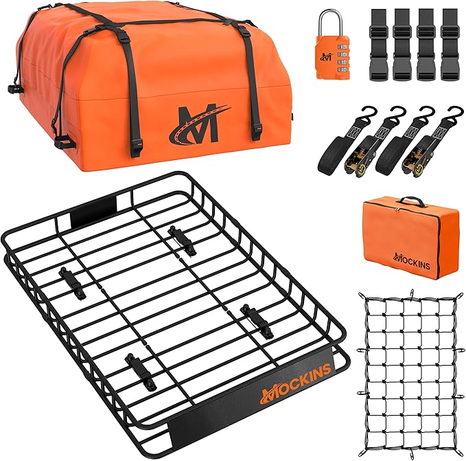 Mockins 50"x36"x4.5" Extendable Rooftop Cargo Carrier & 18 CuFt Orange Waterproof Roof Cargo Bag | 250 Lbs. Capacity Weatherproof SUV & Car Roof Rack Basket with Car Top Carrier Bag & Accessories