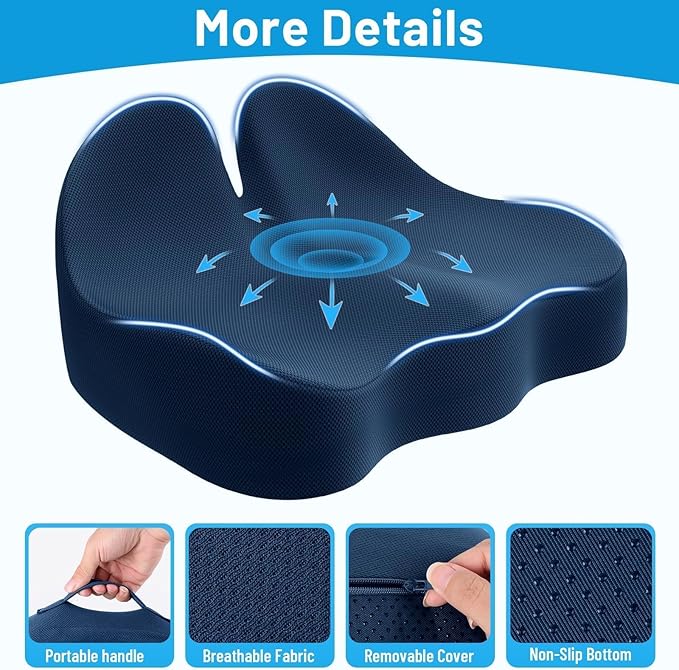 Seat Cushion, Memory Foam Office Chair Cushions, Ergonomic Curved Design for Sciatica, Tailbone, Coccyx, Seat Support for Car, Desk Chair, Wheelchair, Enhances Long Sitting Comfort (Blue)