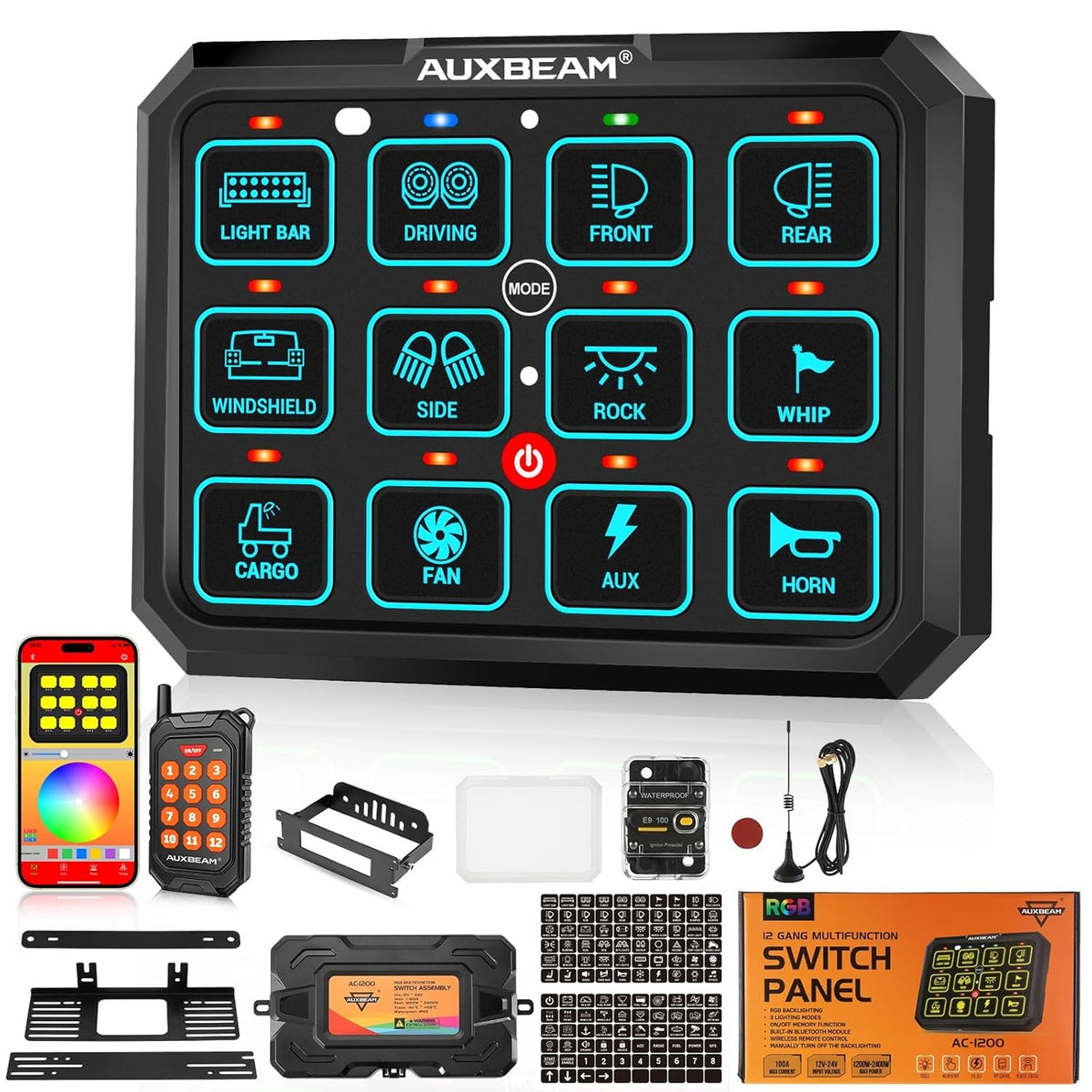 Auxbeam RGB 12 Gang Bluetooth Switch Panel AC-1200 w/165FT Long Range 433MHz Wireless Remote Control, Auto-Dimmable Panel w/Toggle Momentary Pulsed, Unique Patented Design Switch Pod Waterproof