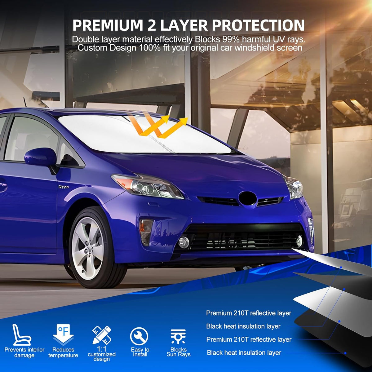Windshield Sun Shade for Toyo-ta Prius 2010-2015 (NOT for Prius C or Prius V) Foldable Sunshade Custom Fit Front Window Car Interior Accessories Protector Blocks UV Rays