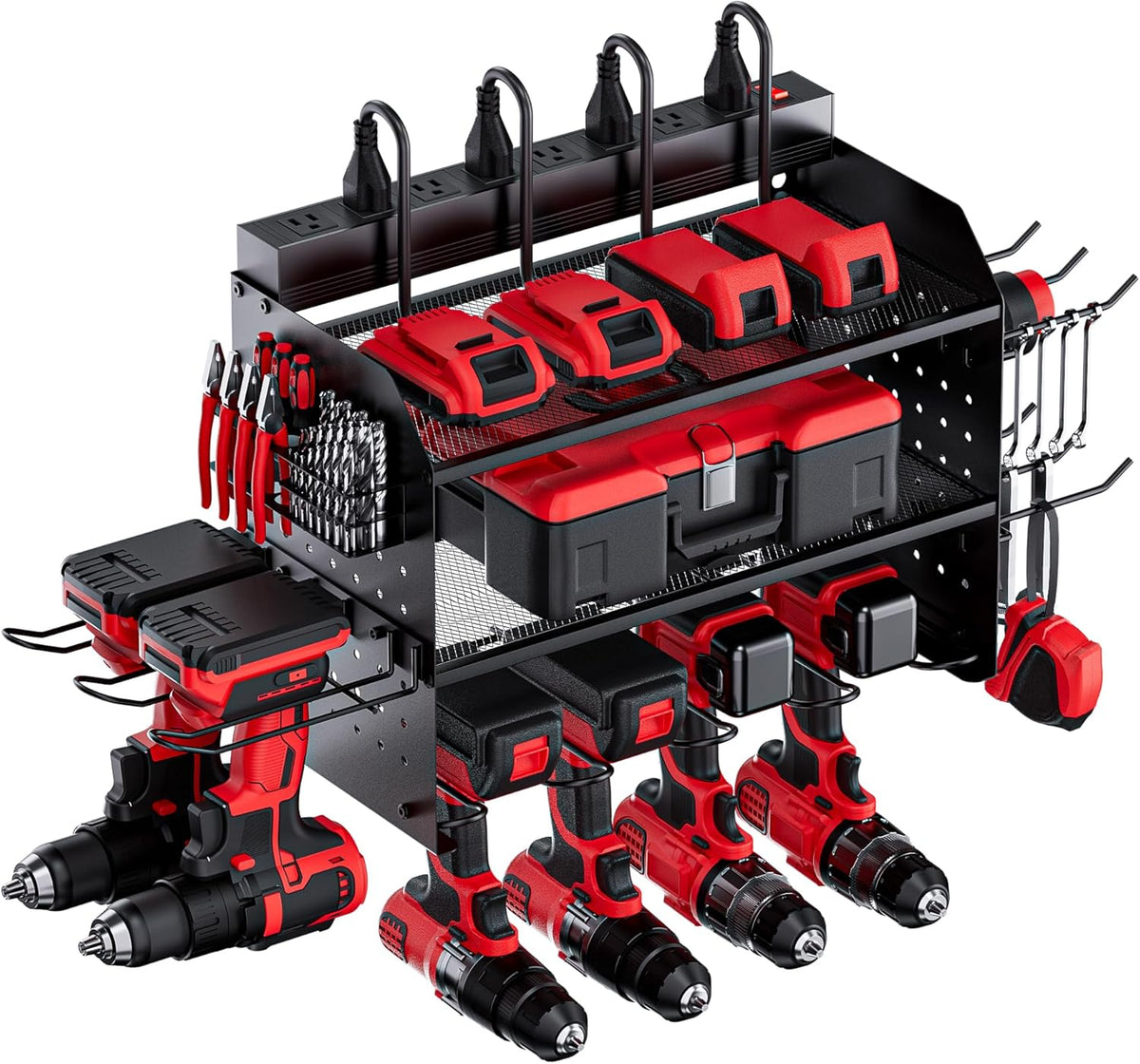 TRZZ Power Tool Organizer Wall Mount, 3-Layer Charging Station with 8 Outlets, 6 Drill Holders and Drill Bit Rack, Efficient and Organized Storage for Garage, Workbench, and Workshop (Black)