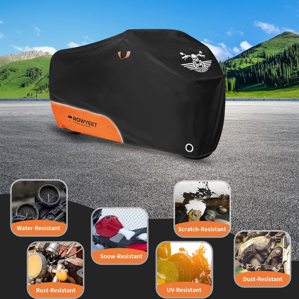 Motorcycle Cover Waterproof Outdoor Storage with Lock-Holes, Storage Bag & Night Reflective Design, All Season Protection Powersports Vehicle Covers Fits up to 116" Motorcycles