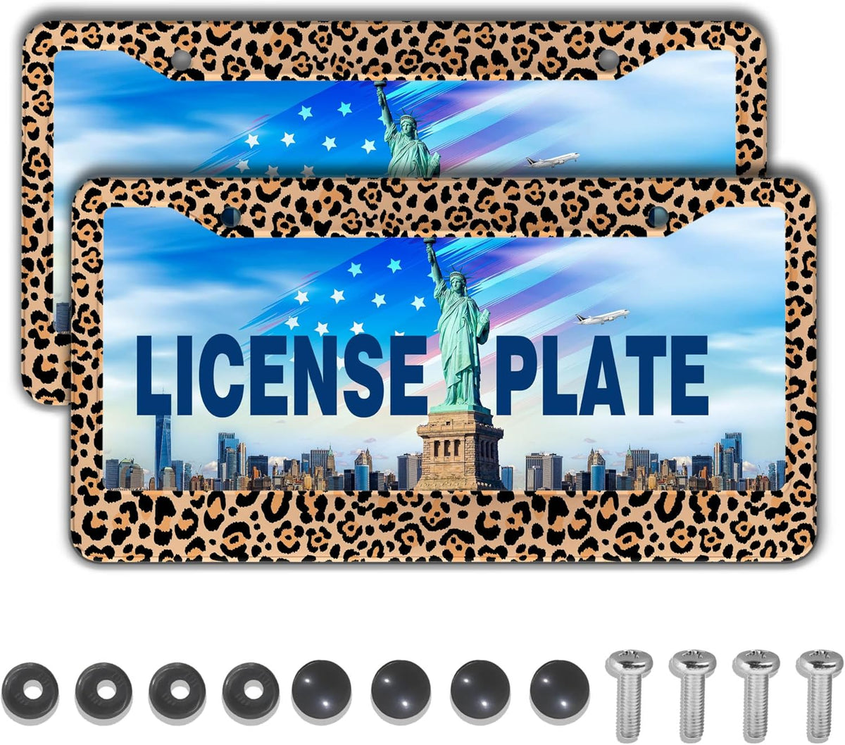 License Plate Frames Leopard Print Fun License Plate Frame Protector Cute Cheetah Texture Aluminum Metal Car Accessory 2 Pack with Screw Covers Set