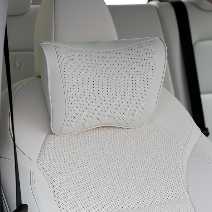 Car Headrest Pillow 100% Memory Foam, Breathable Removable Leather Cover, Premium Seat Support Head Neck Cushion for Driving Travel Home Office, White, 1 Pack