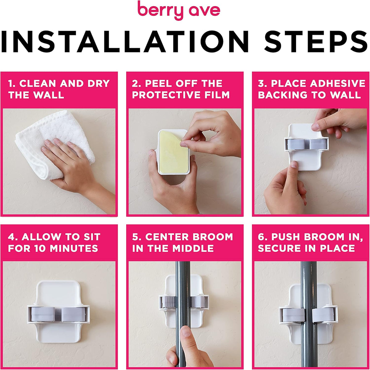 Combo 5 Slot Broom Holder w/ 1 Self Adhesive Mop Gripper No-Drilling, Wall Mount Tool Organizers For Kitchen, Garage, Laundry Room- Anti-Slip Hanger For Brooms, Mops, Rakes, Dustpans (Grey / White)
