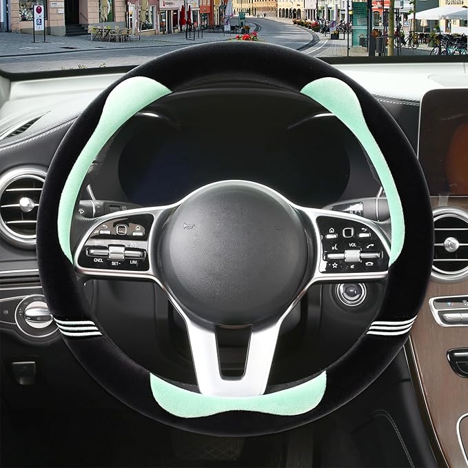 14 inch Furry Cute Steering Wheel Cover, Soft Fluffy Short Plush Auto Accessories, Non-Slip Cold-Proof Sweat-Proof Colorfast(Black with Green)
