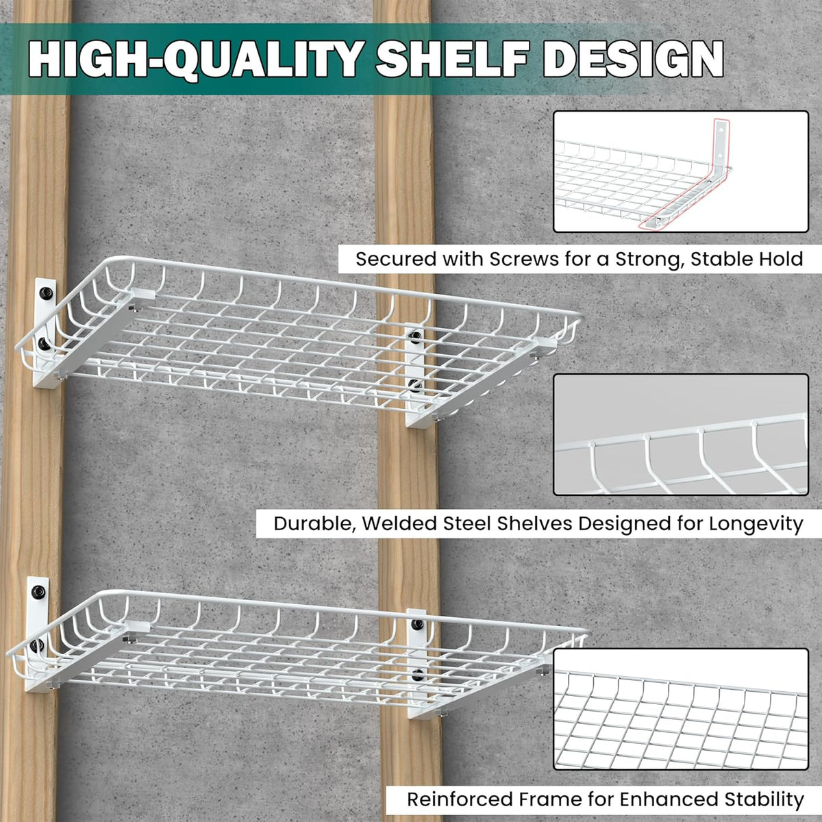 EVERHANGER Garage Wall Shelves 12x18 Inch, Wall Mounted Storage Shelf, Metal Shelf Rack, Heavy-Duty Shelf Organizer 2 Pack, White