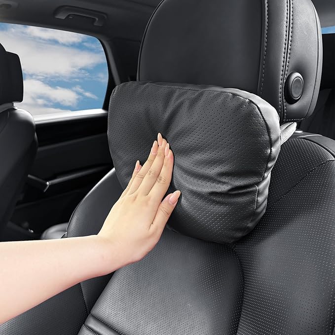 2 Pack Car Neck Pillows, PU Leather Car Headrest Support with Adjustable Strap, Ergonomic Dupont Bio Cotton Head Rest Pillow for Road Trips & Daily Commutes (Black, Soft Style)