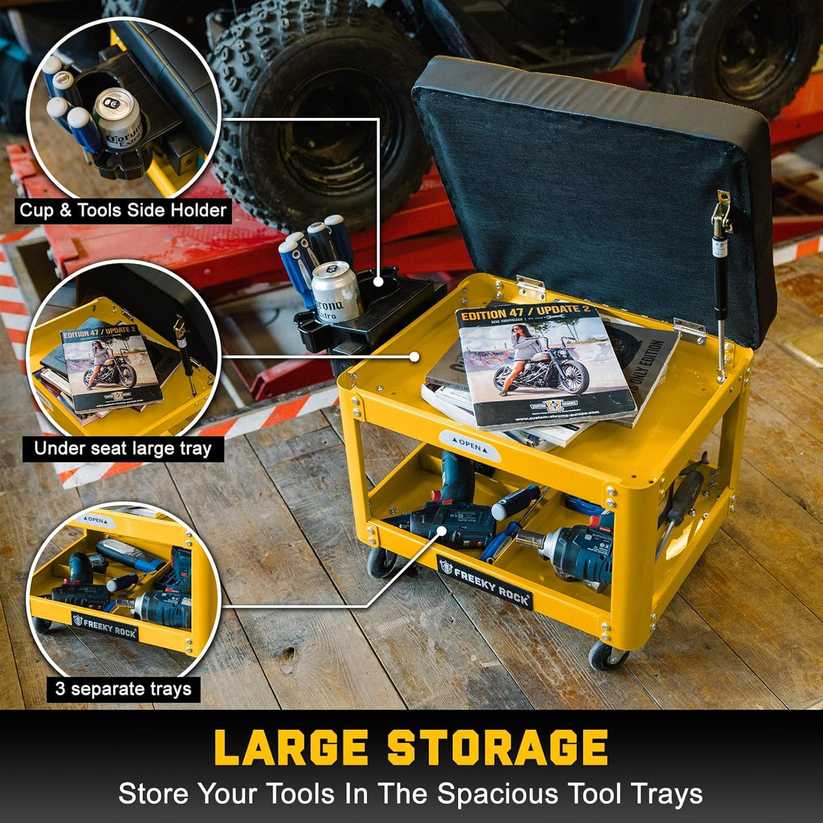 Rolling Mechanic Shop Stool with Wheels, Garage Mechanics Stool with 2 Layer Repair Tools Tray, Padded 360° Swivel Automotive Roller Creeper Seat Shop Chair, Heavy Duty, 330 LBS Capacity, Yellow