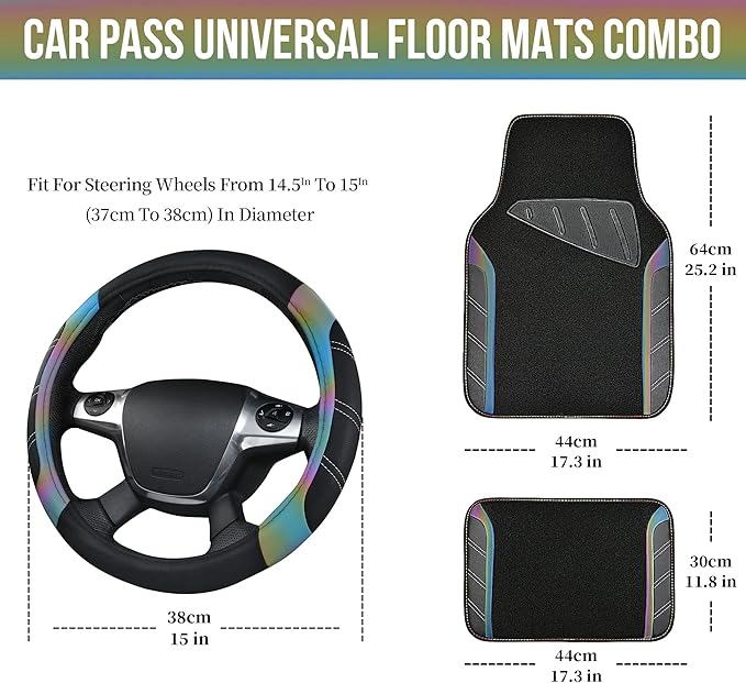 CAR PASS Leather Steering Wheel Cover and Waterproof Car Floor Mats,Microfiber Universal Car Combo Fit for 95% Sedan,SUV,Cars,14.5-15inch Sporty Anti-Slip Safety Comfortable Design(Black＆Reflective)