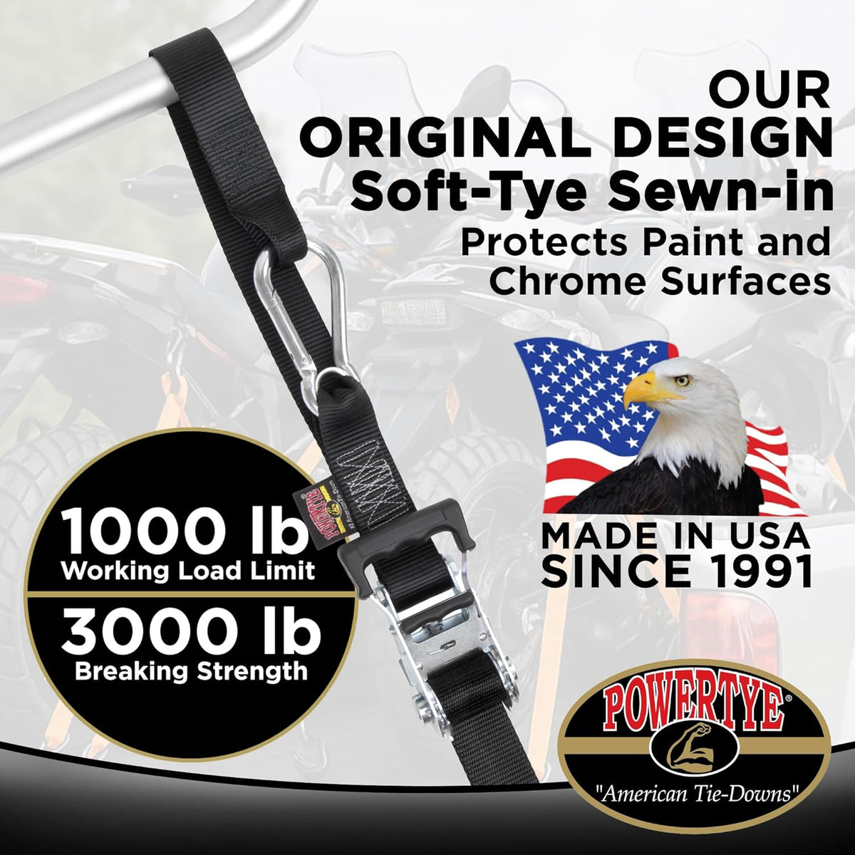 PowerTye 1.5in x 6.5ft Heavy Duty Ratchet Tie-Down Straps with Soft-Tye and Carabiner Hooks - 1,000 lb Working Load Limit / 3,000 lb Breaking Strength - Made in USA - Orange/Black Pair