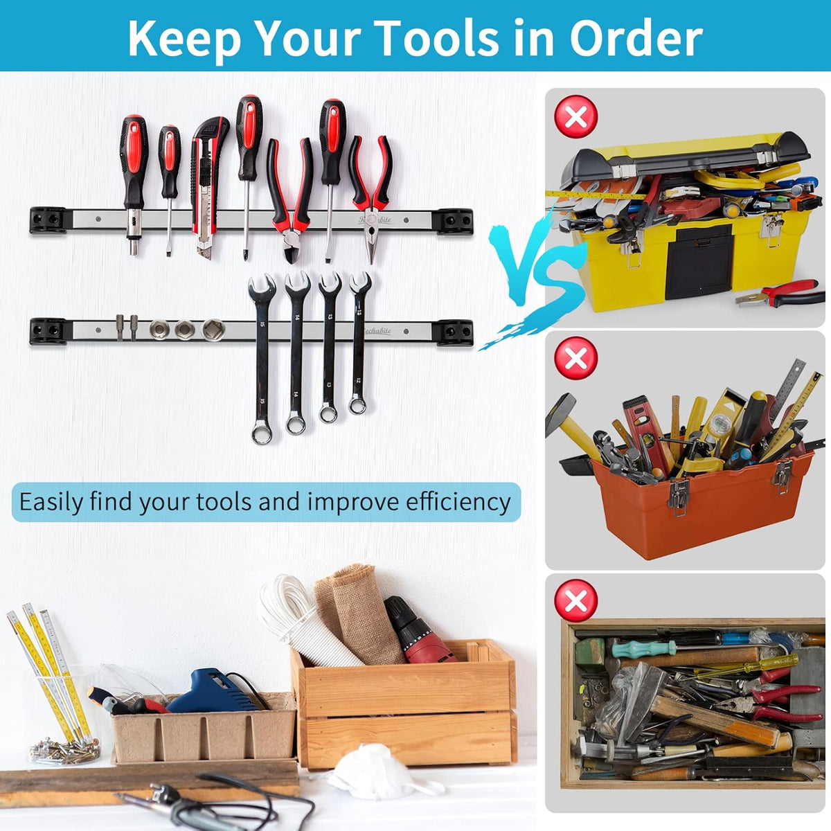4 Pieces 12" Magnetic Tool Holder Strip, Stainless Steel Surface Tool Magnet Bar, Metal Tool Organizer Rack for Garage Organization, Easy To Install in Workshop, Mounting Screws Included