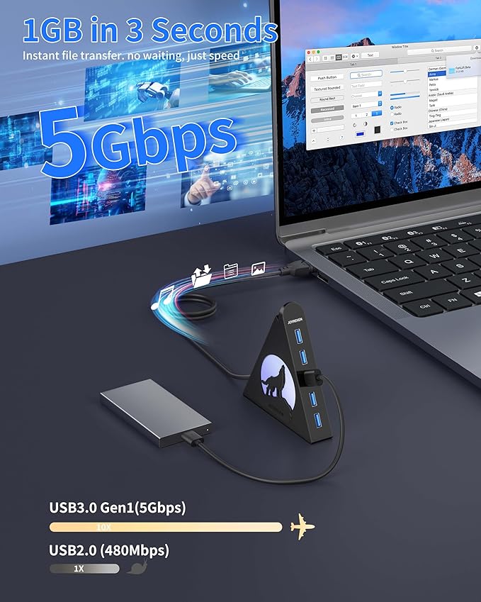 7-Port USB 3.0 Hub, Vertical USB Hub Splitter with RGB Lighting,5Gbps High-Speed Data Transfer and 2FT Extension Cable, Compatible with PC, MacBook, Laptop, PS5, Xbox, Flash Drive, Printer