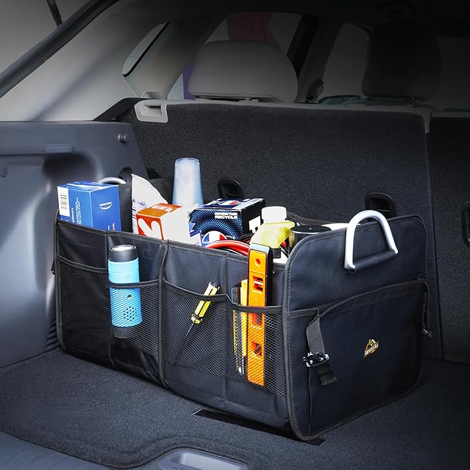 Armor All Car Trunk Organizer, Collapsible Multi-Compartment Car Organizers with Strong Aluminum Handles Foldable and Waterproof, Suitable for Any Car, SUV, Mini-Van, Black