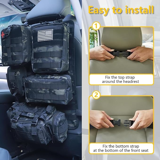 Universal Tactical Seat Back Organizer Vehicle Molle Panel Organizer Storage Bag with 5 Detachable Molle Pouch for All Vehicel Such as Jeep,Truck,SUV, Car, Ford,Chevy etc