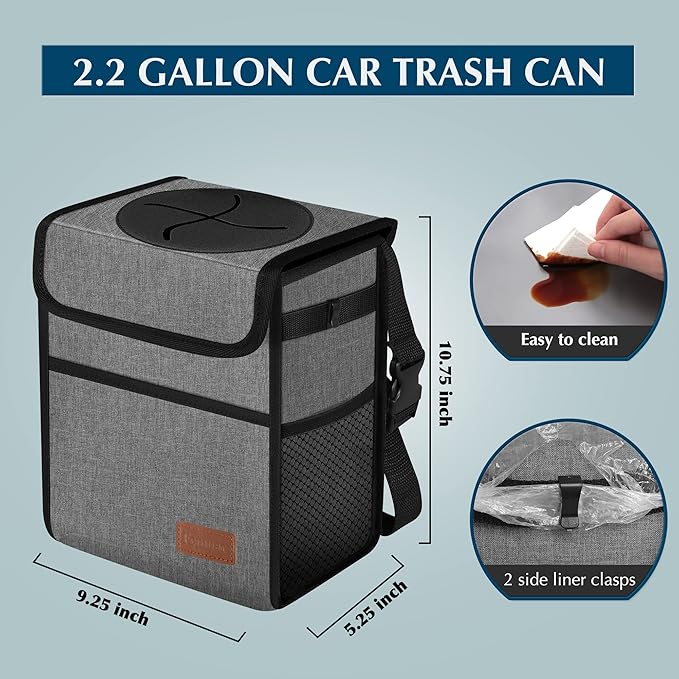 Femuar Car Trash Can Leak Proof Car Trash Bag Waterproof Car Garbage Can with Lid for SUV Front Seat Multipurpose Car Hanging for Headrest Collapsible and Portable with Storage Mesh Pocket, Grey