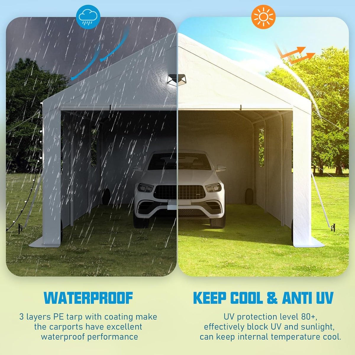 13x25 Carport, Heavy Duty Carport Canopy Garage with Removable Sidewalls and Drive Through Roll Up Zipper Doors, White