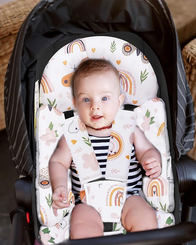 Infant Insert, Enlarged Head Support for Baby, Reversible Newborn Insert with 3 Strap Covers, 2-in-1 Baby Cushion for Stroller, Swing, Bouncer, Rocker - Brown Rainbow