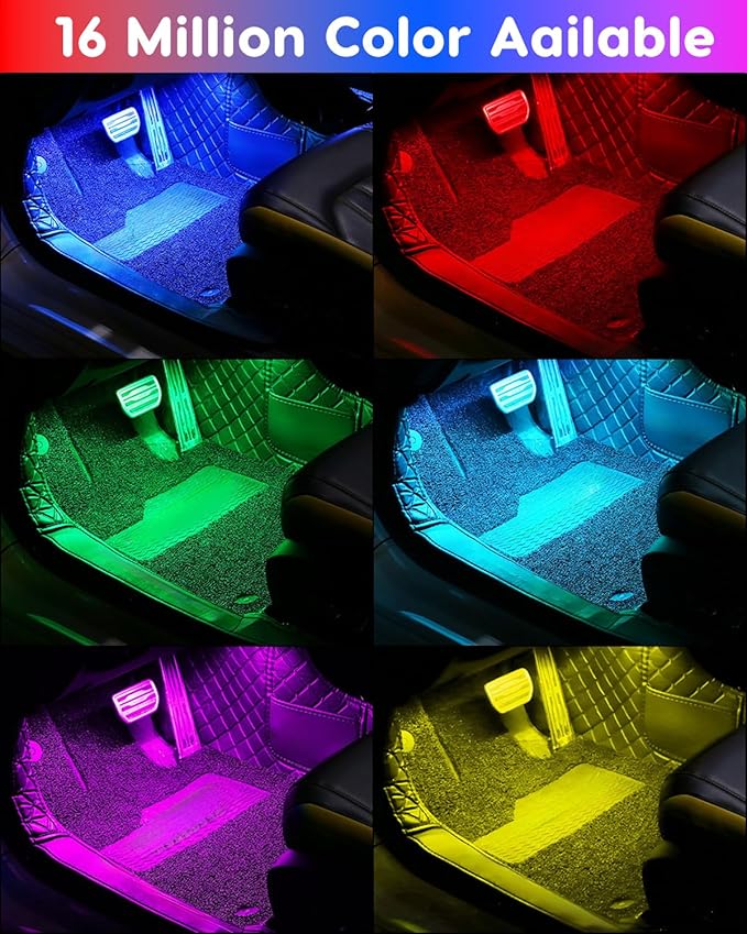 Car LED Lights Interior, RGB Under Dash Foot Well Lighting Kit with DIY Mode, Mult-Color Light for Car with APP Control and Button Control, Music Sync USB 5V DC