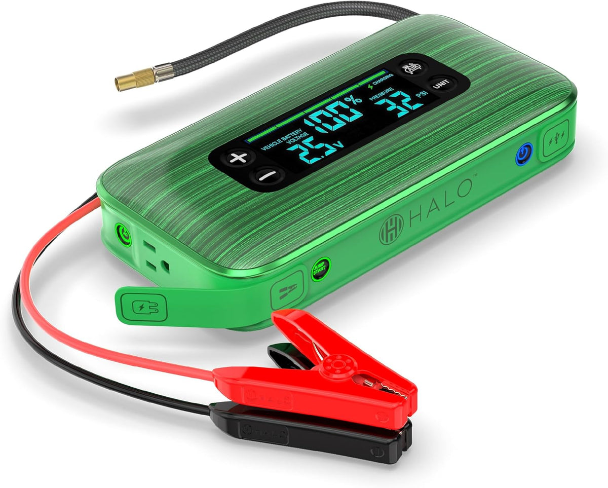 HALO Bolt Ultimate 3 Portable Car Battery Jump Starter | 130 PSI Air Compressor, 55.5Wh USB Power Bank, Large Display, Emergency Floodlight & Charger, Jumps Cars SUVs & Trucks, Inflates Tires — Green