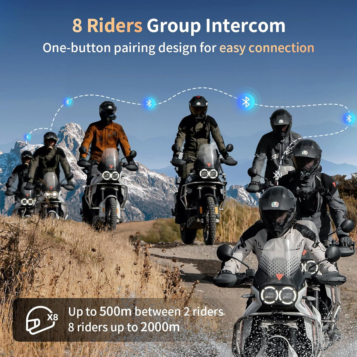 Fodsports FX8 Pro Motorcycle Communication Systems with Customized HRSQS Speakers, Dual-Chip Audio Multitasking, One-Click Fast Pairing, Music Sharing, FM 10 Riders Group Intercom, 2 Pack