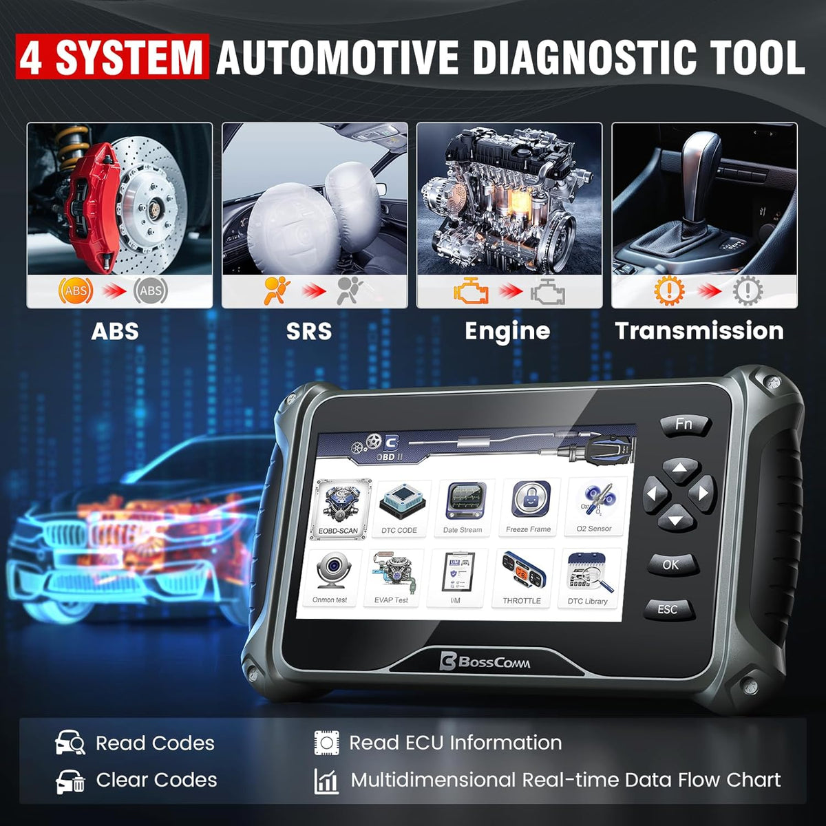BOSSCOMM IF740 OBD2 Scanner, 4 Systems ABS/SRS/Transmission/Check Engine Code Reader Scan Tool with Oil＆Throttle Resets, Car Scanner Diagnostic Tool for All Cars, Easy to Use, Lifetime Free Update