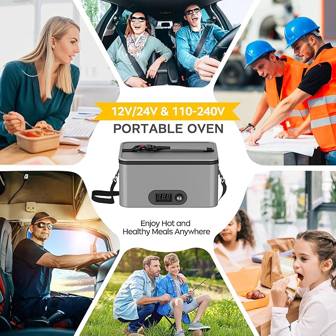 Portable Oven, 12V 24V 110V-240V Car Food Warmer Portable Personal Mini Oven Electric Heated Lunch Box for Meals Reheating & Raw Food Cooking for Road Trip/Camping/Picnic/Family Gathering(Gray)