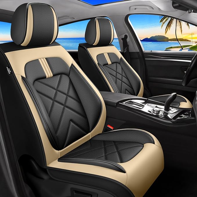 CX-90 Car Seat Covers Custom Fit for Mazda CX-90 2007-2026, Full Coverage Premium Leather Waterproof Breathable Seat Covers, Automotive Seat Protectors, Airbag Compatible(5 Seats, Black Beige)