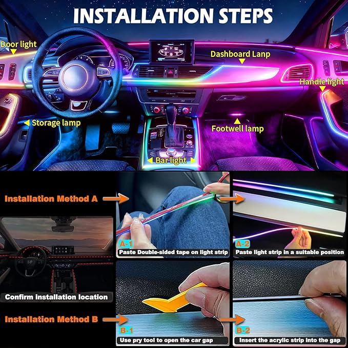 Dreamcolor Acrylic Interior Car LED Strip Lights,43.3in USB RGB Neon Flexible Strip Fiber Optic LED Ambient Lighting Kits with Remote APP, RGB Music Lights Sync for Inside car Decorations