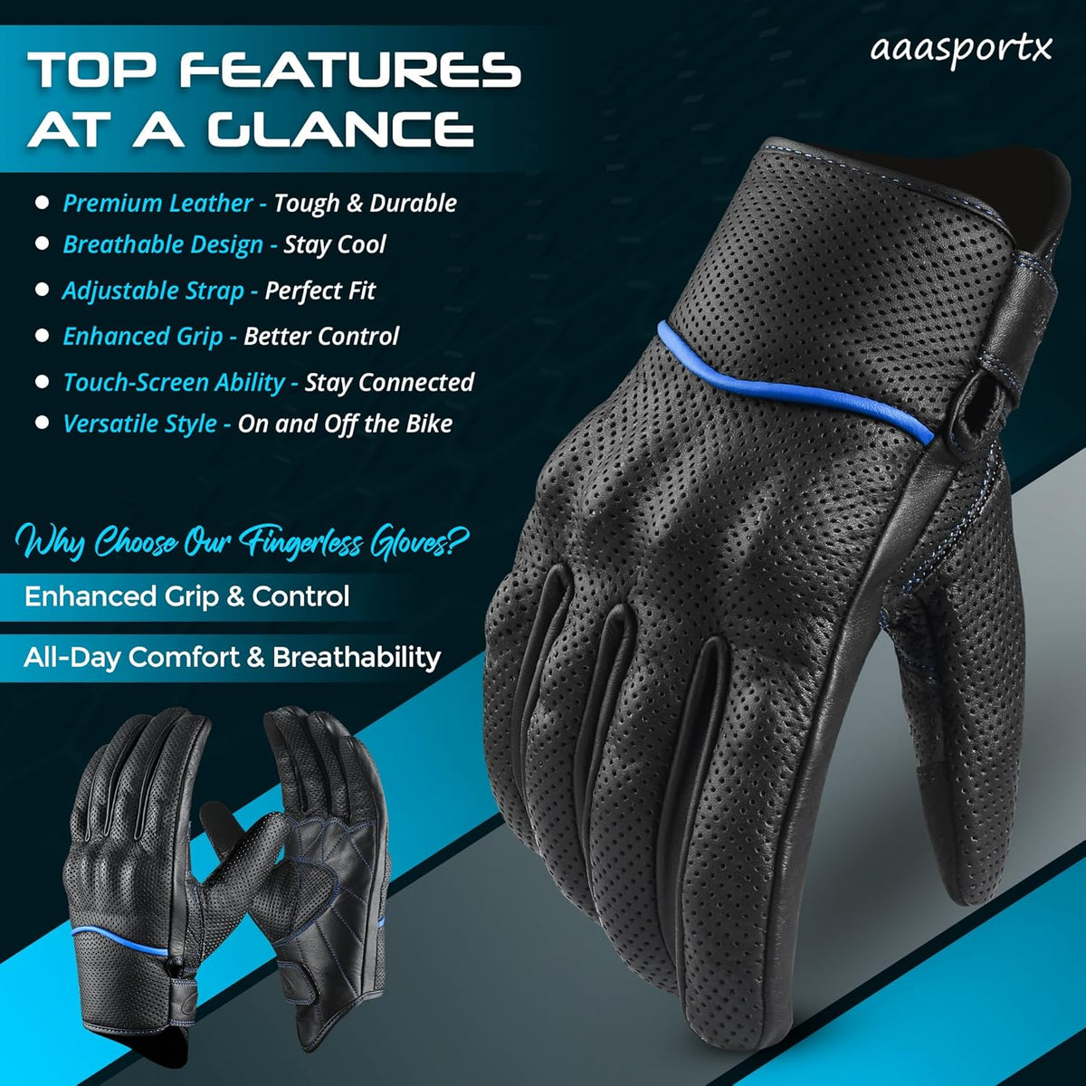 aasportx Motorcycle Gloves - Men's Leather Motorbike Gloves with Touchscreen Function - Non-Slip Pads for Men & Women