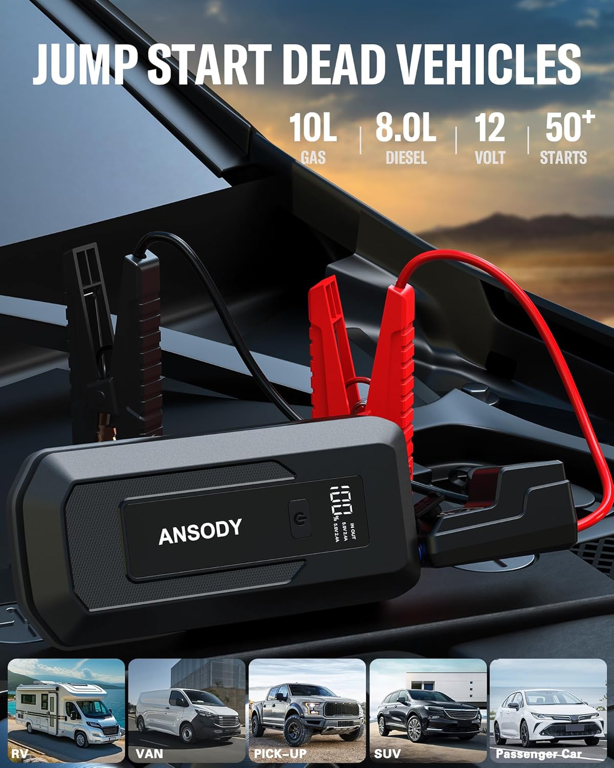 3000A Peak Car Jump Starter(Up to 10L Gas or 8L Diesel Engine), Battery Booster with Jump Leads, Built-in LED Floodlight & SOS, -20℃ Cold Cranking, Jump Box for 12V Pickup SUV Motorcycle