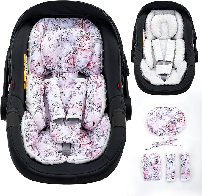 Infant Car Seat Insert with Extra Headrest, Adjustable Carseat Head Support for Preemie to Toddler, 2 in 1 Breathable Air Mesh Car Seat Insert for Newborn, Mink Dot Baby Car Seat Cushion for Stroller