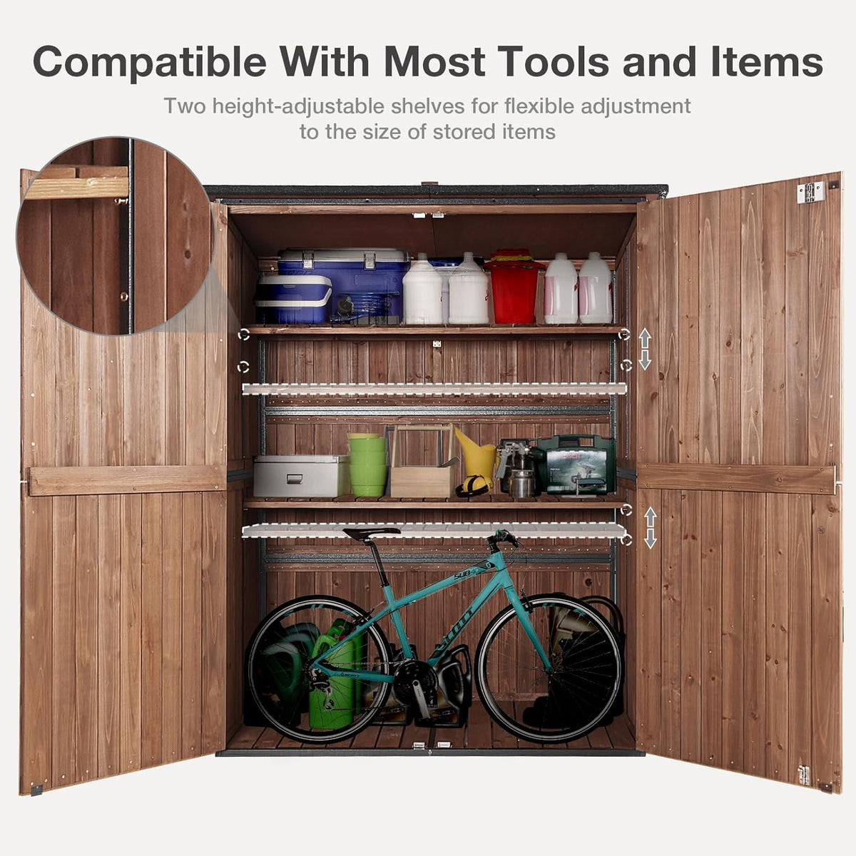 Outdoor Storage Shed with Floor - Waterproof Natural Fir Cabinet with Adjustable Shelves and Double Lock for Anti-Theft - Suitable for Storing Garden Tools, and Household Debris (Deep Brown)