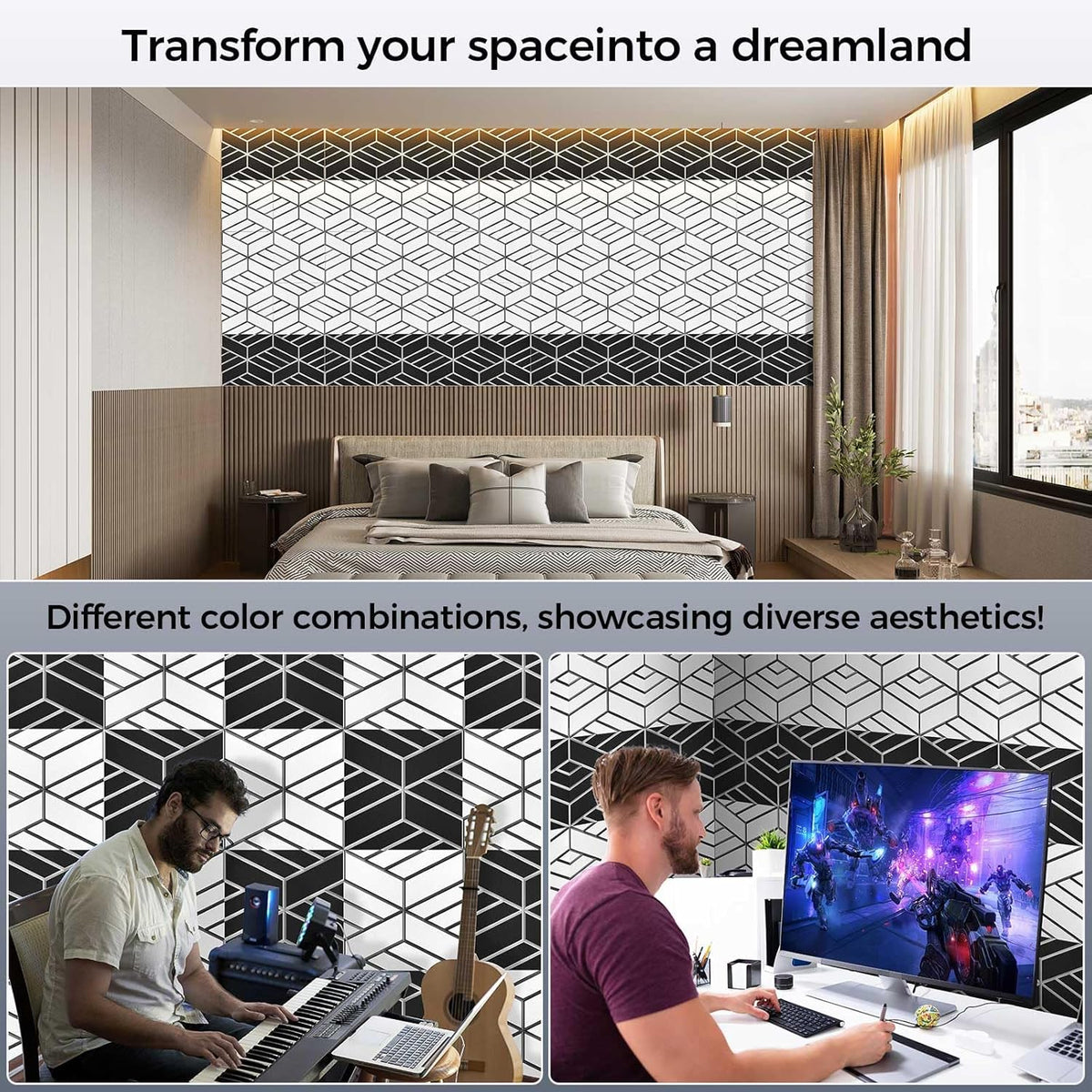 8 Pack 2-Layer Soundproof Wall Panels, 12 x 12 x 0.43 in Sound Proof Foam Panels for Walls, 1.1lb/ft³ High Density, Thicker 0.43 in, 3D Acoustic Panels,Artistic Noise Dampening Panels Black&White