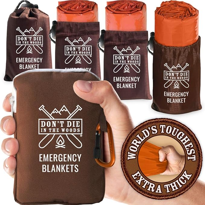 Don't Die In The Woods - World’s Toughest Emergency Blankets [4-Pack] Extra Thick Thermal Mylar Space Blanket - One of The Ten Essentials Outdoor Survival Gear Hiking Camping First Aid Kit (Orange)