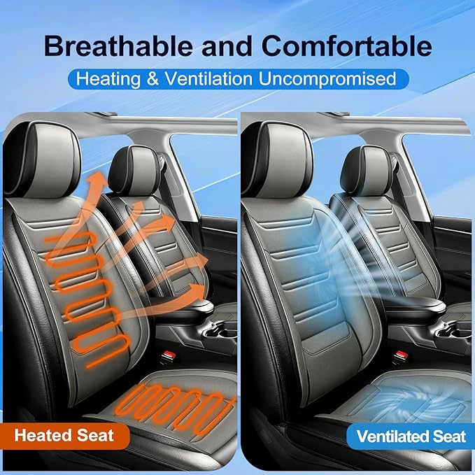 Fit Ridgeline Car Seat Covers for Select Honda Ridgeline 2007-2026 - Premium Full Coverage Leather, Airbag Compatible, Waterproof & All Weather Seat Cushion Protector, Front Pair Black+Gray