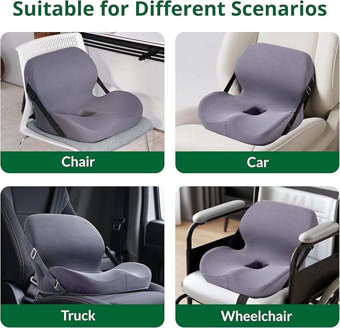 One-Piece Memory Foam Seat & Back Cushion - Lumbar Support, Adjustable Strap, Non-Slip Bottom - Breathable Removable Cover for Office Chair, Car, Truck (Grey)