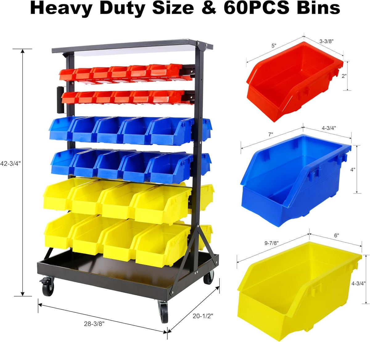60 Parts Bin Rack Garage Storage Unit 6 Tiers System Steel Shelf with Portable Wheels, Mobile Tool Organizer Plastic Bins, for Men Birthday Gift (6 Tiers)