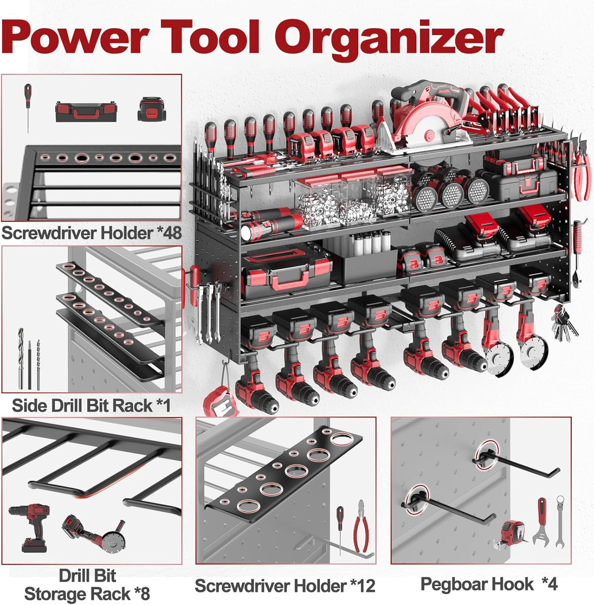 Power Tool Organizer Wall Mount, 4 Tier Tool Storage Rack with 8 Cordless Drill Holders, Heavy Duty Power Tool Shelf for Garage Organization Workshop