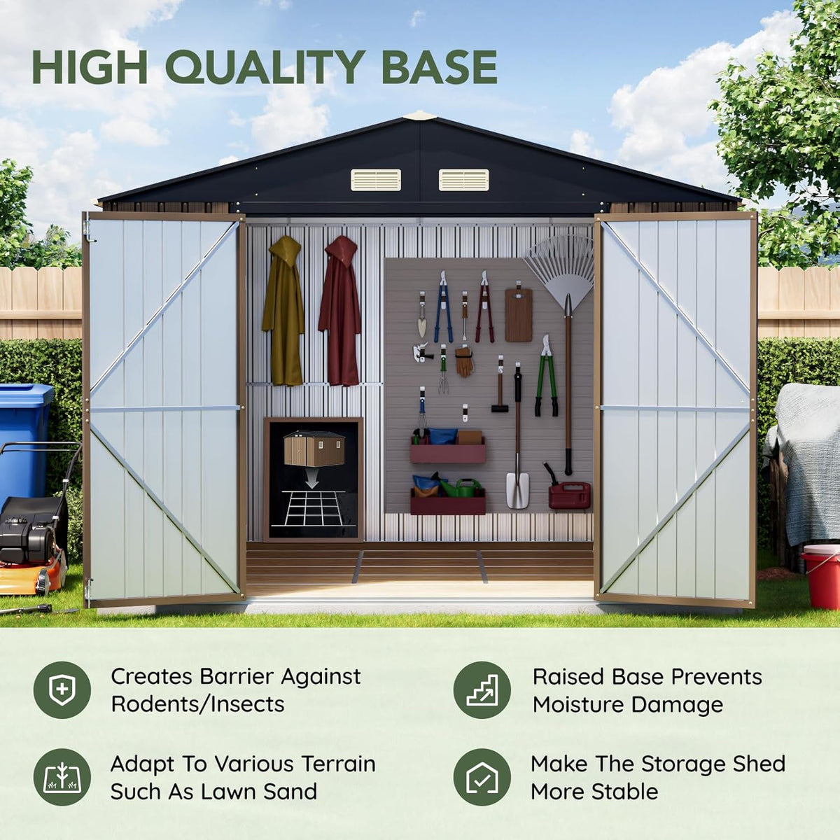 10x10 FT Outdoor Metal Storage Shed with Floor Frame, Double Swing Doors, 2 Clear Windows,Tool Shed for Garden, Patio, Backyard Brown