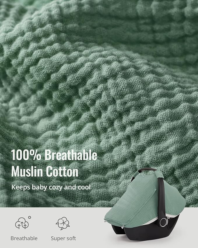 Blissful Diary Baby Car Seat Cover, Extra Large Mesh Window, Breathable Muslin Cotton, Infant Windproof Canopy, Must-Have Baby Gift - Roman Green