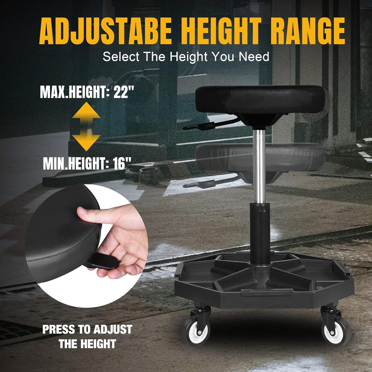 YELLOW JACKET Rolling Garage Seat Adjustable Pneumatic Shop Creeper Seat 300Lbs Mechanic Stool with Wheels and Removable Tool Tray Storage Workshop Chair for Auto Repair
