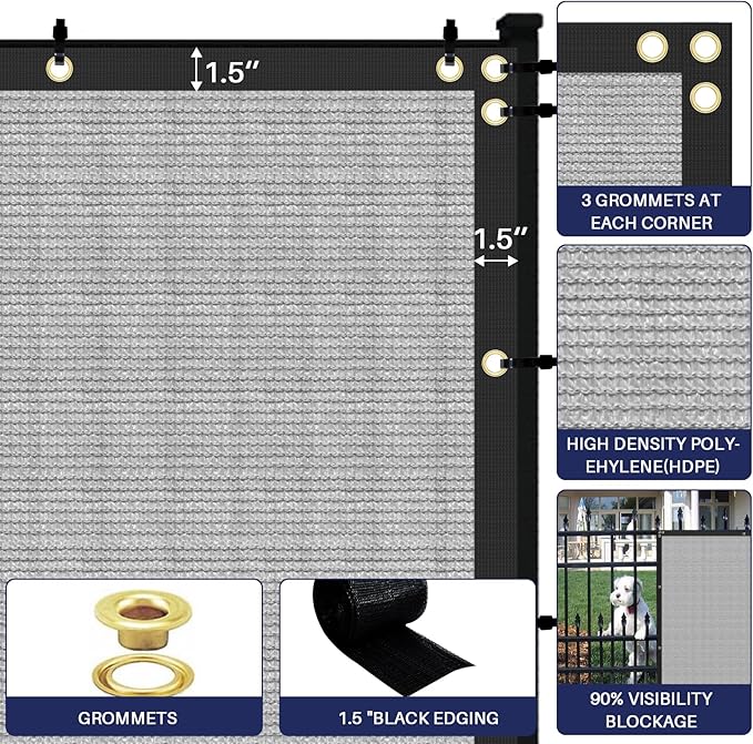Windscreen4less Privacy Fence Screen Heavy Duty Windscreen Fencing Mesh Fabric Shade Net Cover with Brass Grommtes for Outdoor Wall Garden Yard Pool Deck, 8'x13' Light Gray