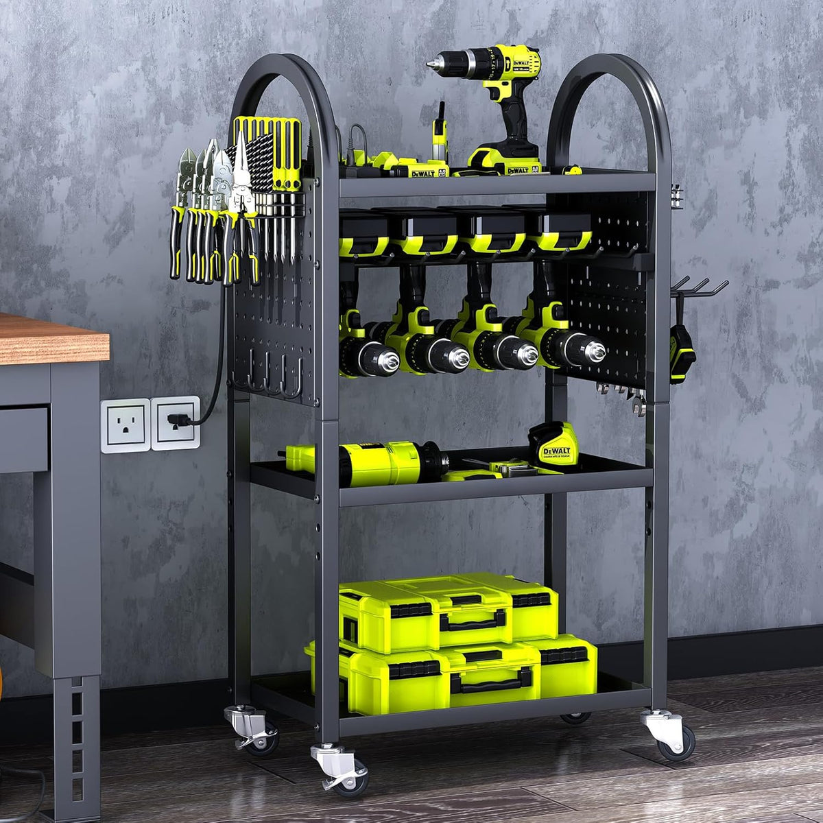 KAFAHOM Power Tool Organizer - 4 Tier Rolling Tool Cart with 8-12 Drill Holder,Tool Storage Cart on Wheels - Heavy Duty Metal Utility Tool Shelf for Garage, Workshop, Warehouse & Repair Shop
