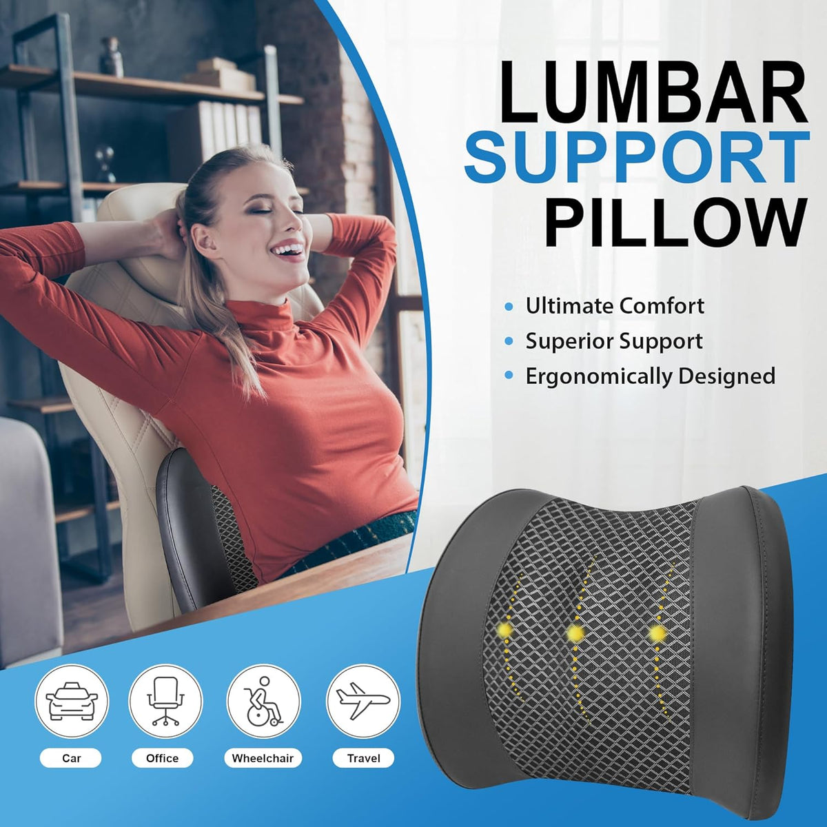 Memory Foam Lumbar Cushion Provides Lower Back Pain Relief and Comfortable Support for Driving, Chair Support for Car-Office Chair, Wheelchair - Sleek Black