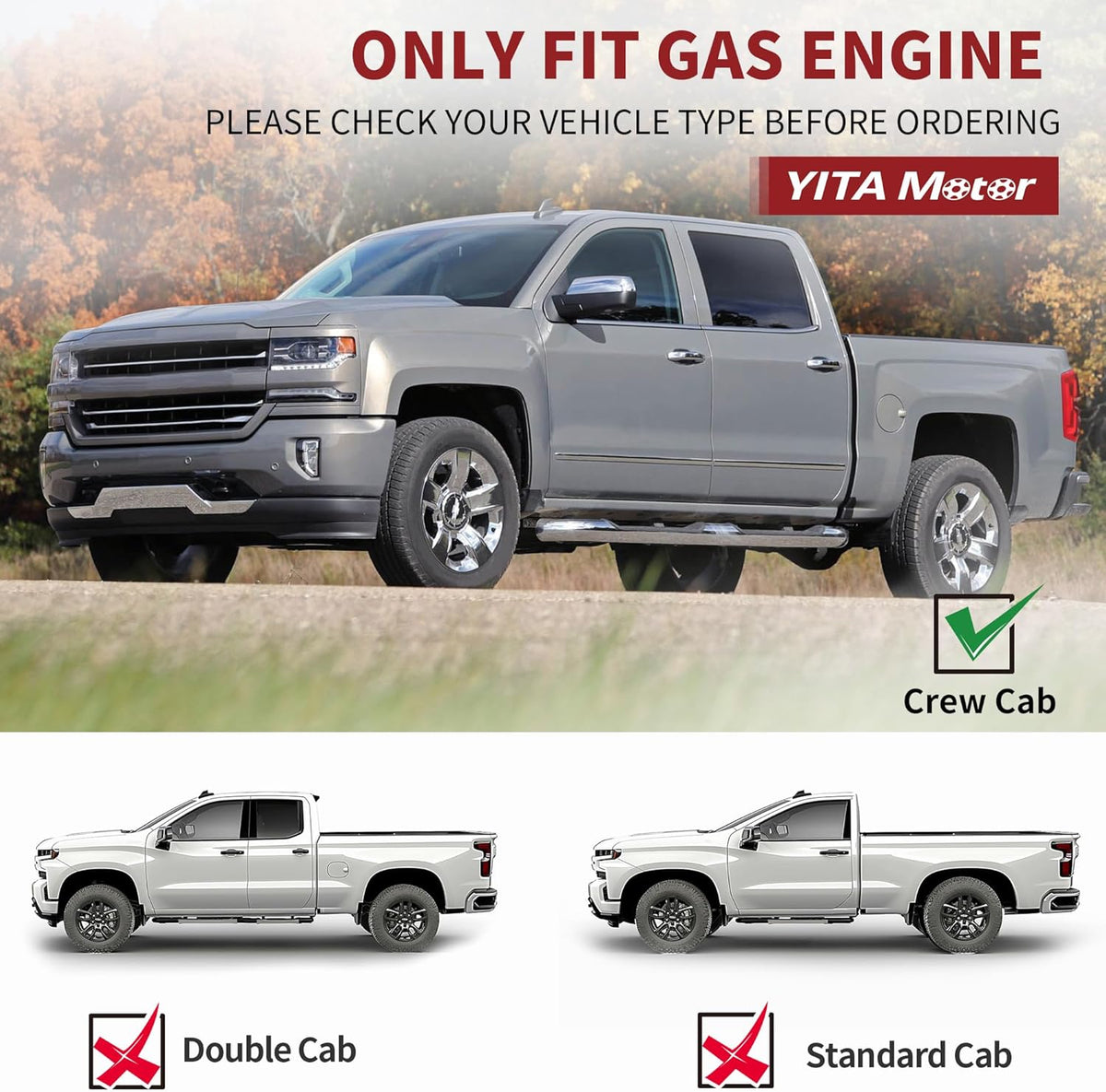 YITAMOTOR 6 inches Running Boards Compatible with 2007-2018 Silverado/GMC Sierra 1500 & 2500HD 3500HD Crew Cab, 2019 Silverado/Sierra 2500HD 3500HD Side Step Nerf Bar (Gas Engine ONLY)