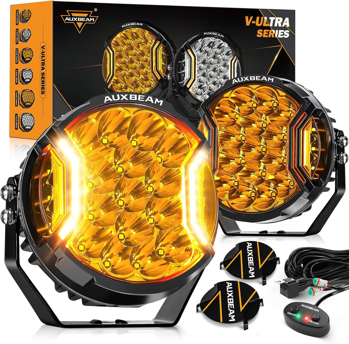 Auxbeam V-Ultra Series 7" 226W Side Shooter LED Offroad Lights, Amber DRL 3 Modes Light Bar, 270° Coverage Round LED Pods Spotlights, 26800LM Yellow Fog Lights with Protective Covers, Pair