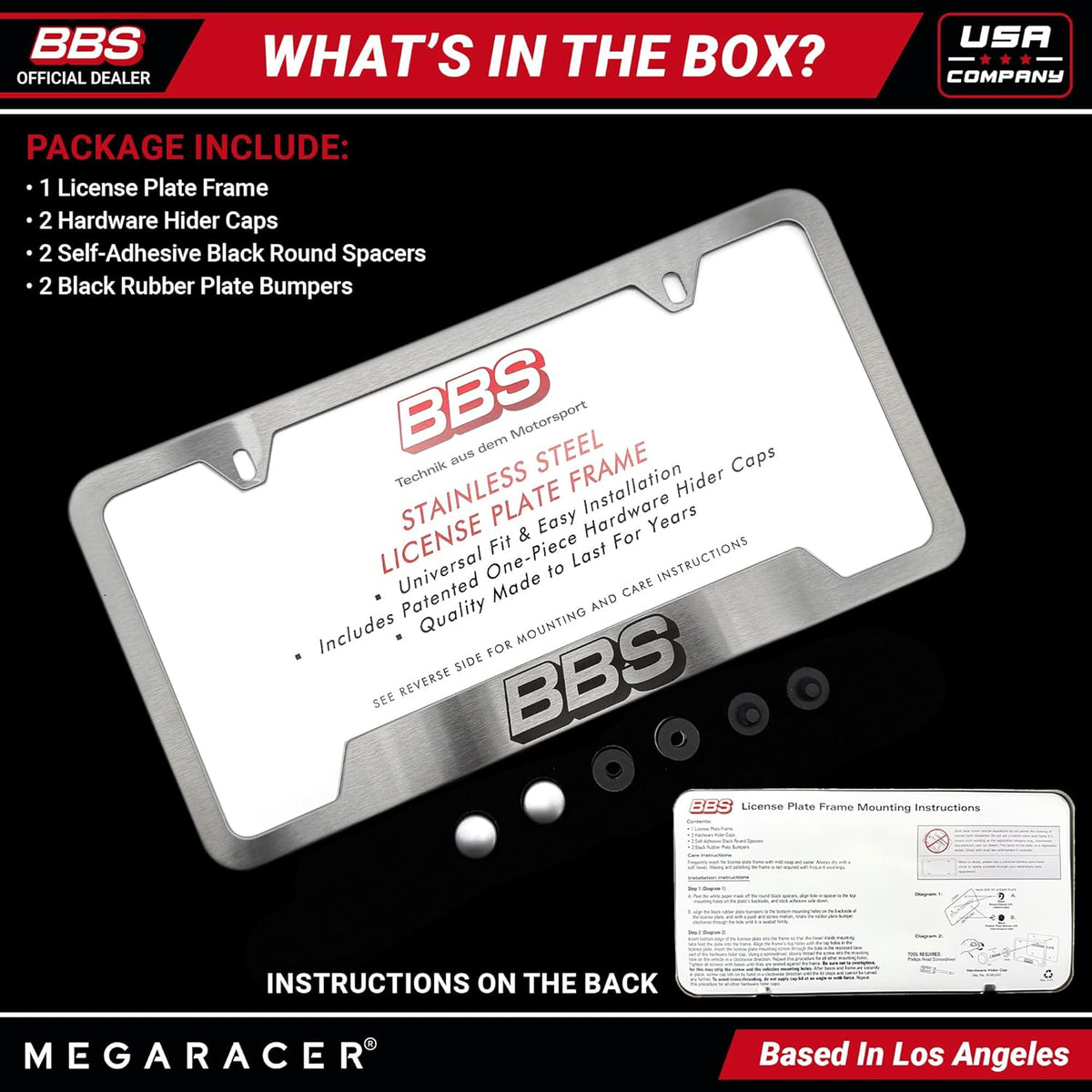 BBS Official Brushed Chrome Stainless Steel License Plate Frame – Made in USA – Premium Rustproof Powder-Coated Metal Car Accessory – Universal Fit – 1 Pack