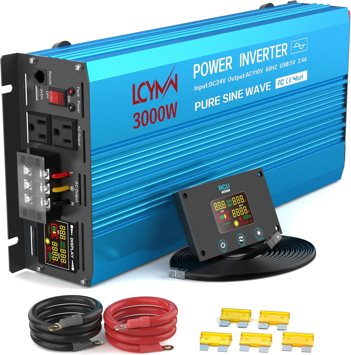 3000 Watt Inverter Pure Sine Wave DC 24V to 110V/120V AC Power Inverters with 2 AC Charger Outlets 6000W Peak Car Solar Converter for Vehicles Home with LCD Display and 2.4A USB Charging Port